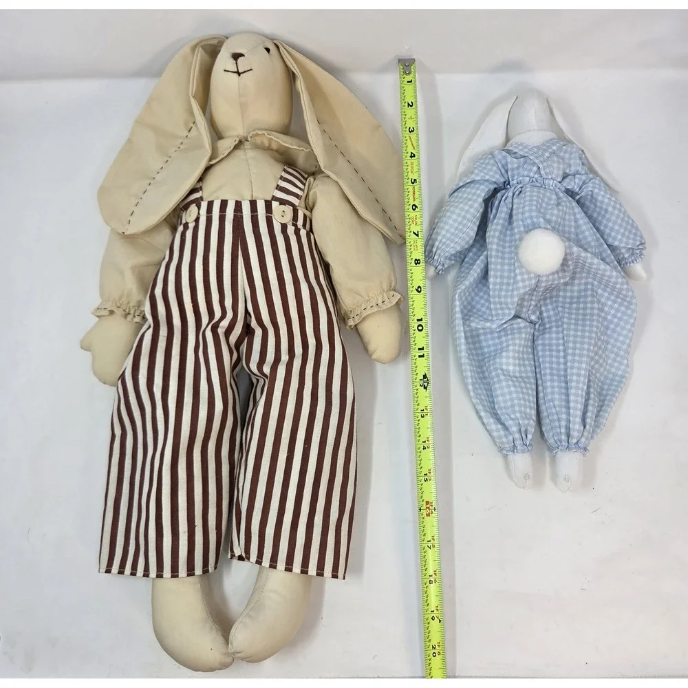 Country Farmhouse Fabric Bunny Rabbit Doll Pair Retro Striped Gingham Décor